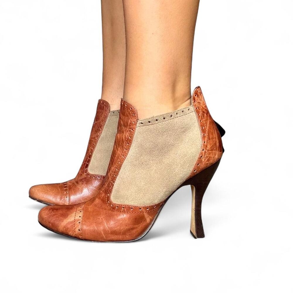 Rare JOEY-O 70s Leather & Suede Cognac Two Tone Victorian Ankle Boots Size 8